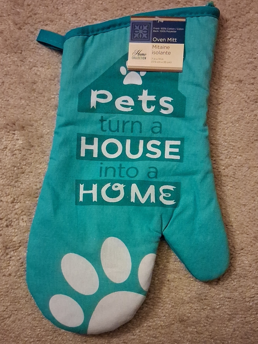 Home Collection Teal Pet-Themed Oven Mitt with White Paw Print